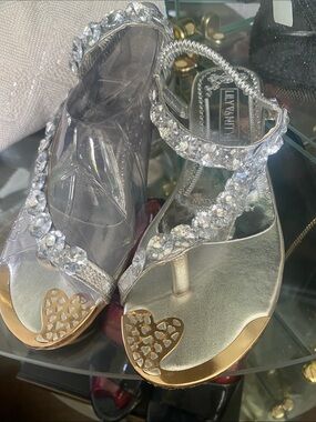 Vanity Silver Crystal Heart Thong Sandals